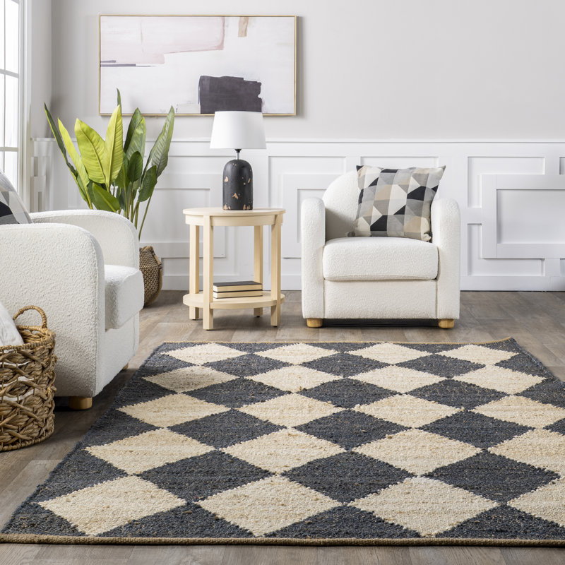 Arvin Olano x Rugs USA Louie Diamond Checkerboard Jute Charcoal Area